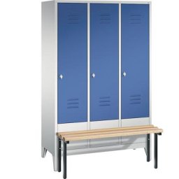 C+P Vestiaire CLASSIC avec banc frontal, 3 compartiments, largeur compartiments 400 mm, gris clair / bleu gentiane