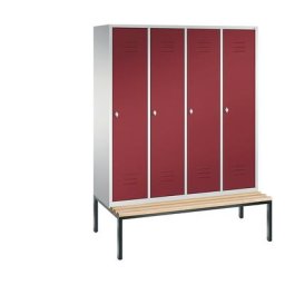 C+P Vestiaire CLASSIC avec banc monté en dessous, 4 compartiments, largeur compartiments 400 mm, gris clair / rouge rubis