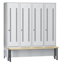Wolf Vestiaire avec banc frontal, portes en tôle perforée, largeur compartiments 400 mm, 4 compartiments, gris clair