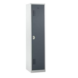 Vestiaire métallique, 1 tablette supérieure, 1 cloison médiane, 1 tringle, 3 tablettes, loqueteau pour cadenas, porte gris basalte