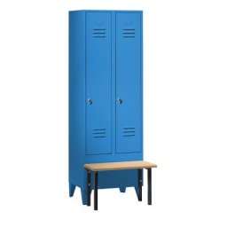 Wolf Vestiaire avec banc frontal, portes à parois pleines, largeur compartiments 300 mm, 2 compartiments, bleu clair