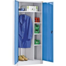 eurokraft basic Armoire métallique avec socle, 1 tringle, 1 tablette sur toute la largeur, 3 tablettes, gris clair / bleu clair