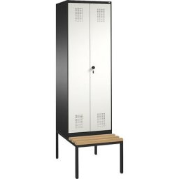 C+P Penderie EVOLO à portes fermant l'une contre l'autre, avec banc, 2 compartiments, largeur compartiments 300 mm, gris noir / blanc pur