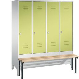 C+P Vestiaire CLASSIC avec banc frontal, 4 compartiments, largeur compartiments 400 mm, gris clair / vert viridin