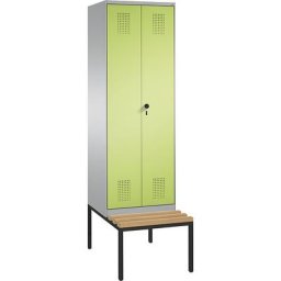 C+P Penderie EVOLO à portes fermant l'une contre l'autre, avec banc, 2 compartiments, largeur compartiments 300 mm, aluminium / vert