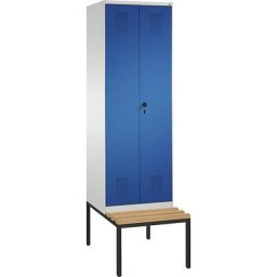 C+P Penderie EVOLO à portes fermant l'une contre l'autre, avec banc, 2 compartiments, largeur compartiments 300 mm, gris clair / bleu gentiane