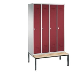 C+P Vestiaire CLASSIC avec banc monté en dessous, 4 compartiments, largeur compartiments 300 mm, gris clair / rouge rubis