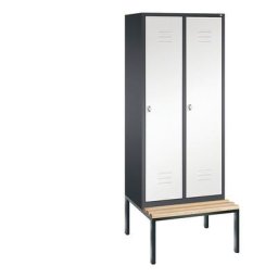 C+P Vestiaire CLASSIC avec banc monté en dessous, 2 compartiments, largeur compartiments 400 mm, gris noir / blanc trafic