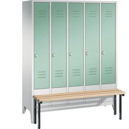 C+P Vestiaire CLASSIC avec banc frontal, 5 compartiments, largeur compartiments 300 mm, gris clair / vert clair