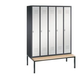 C+P Vestiaire CLASSIC avec banc monté en dessous, 5 compartiments, largeur compartiments 300 mm, gris noir / gris clair
