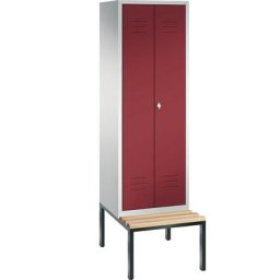 C+P Penderie CLASSIC avec banc inférieur et portes fermant l'une contre l'autre, 2 compartiments, largeur compartiments 300 mm, gris clair / rouge rubis
