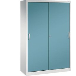 C+P Armoire à portes coulissantes ACURADO, 3 tablettes, 2 casiers verrouillables, h x l x p 1950 x 1200 x 500 mm, gris clair / bleu d'eau