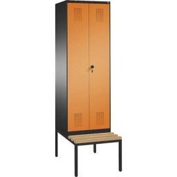 C+P Penderie EVOLO à portes fermant l'une contre l'autre, avec banc, 2 compartiments, largeur compartiments 300 mm, gris noir / orange jaune