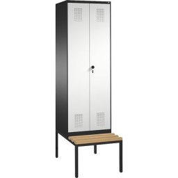 C+P Penderie EVOLO à portes fermant l'une contre l'autre, avec banc, 2 compartiments, largeur compartiments 300 mm, gris noir / gris clair