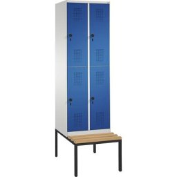 C+P Penderie EVOLO à deux étages, avec banc, 2 compartiments, 2 casiers chacun, largeur compartiments 300 mm, gris clair / bleu gentiane