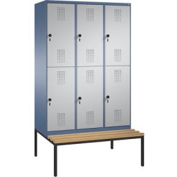 C+P Penderie EVOLO à deux étages, avec banc, 3 compartiments, 2 casiers chacun, largeur compartiments 400 mm, bleu distant / aluminium