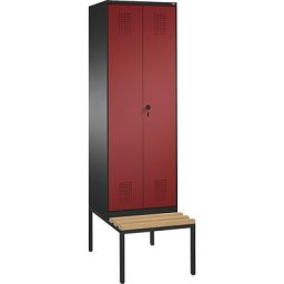 C+P Penderie EVOLO à portes fermant l'une contre l'autre, avec banc, 2 compartiments, largeur compartiments 300 mm, gris noir / rouge rubis