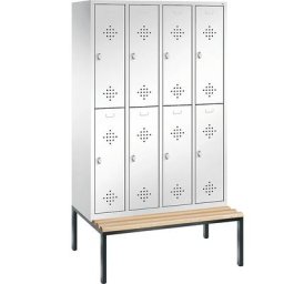C+P Penderie CLASSIC avec banc inférieur, à deux étages, 4 compartiments, 2 casiers chacun, largeur compartiments 300 mm, blanc trafic