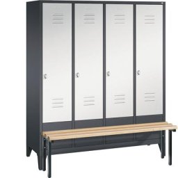 C+P Vestiaire CLASSIC avec banc frontal, 4 compartiments, largeur compartiments 400 mm, gris noir / gris clair