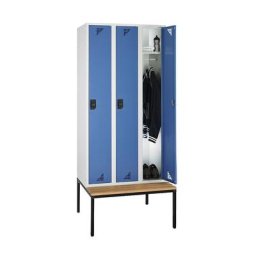 eurokraft pro Vestiaire et armoire multi-usage, avec banc, 3 compartiments, largeur 900 mm, portes bleu brillant