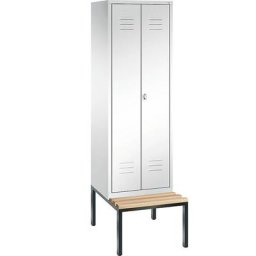 C+P Penderie CLASSIC avec banc inférieur et portes fermant l'une contre l'autre, 2 compartiments, largeur compartiments 300 mm, blanc trafic