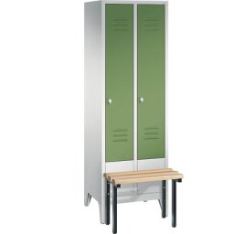 C+P Vestiaire CLASSIC avec banc frontal, 2 compartiments, largeur compartiments 300 mm, gris clair / vert réséda