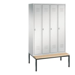 C+P Vestiaire CLASSIC avec banc monté en dessous, 4 compartiments, largeur compartiments 300 mm, gris clair