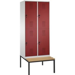 C+P Penderie EVOLO à deux étages, avec banc, 2 compartiments, 2 casiers chacun, largeur compartiments 400 mm, gris clair / rouge rubis