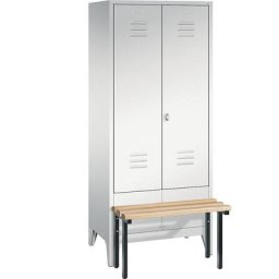 C+P Penderie CLASSIC avec banc frontal et portes fermant l'une contre l'autre, 2 compartiments, largeur compartiments 400 mm, gris clair