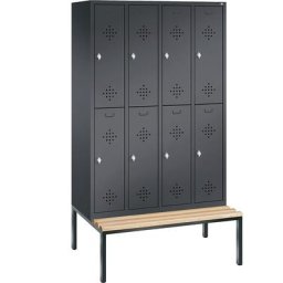C+P Penderie CLASSIC avec banc inférieur, à deux étages, 4 compartiments, 2 casiers chacun, largeur compartiments 300 mm, gris noir