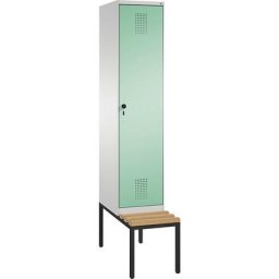 C+P Penderie EVOLO avec banc, 1 compartiment, largeur compartiment 400 mm, gris clair / vert clair