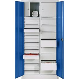 C+P Armoire d'atelier en tôle d'acier, 2 tablettes, 24 tiroirs, 2 compartiments de sécurité, coloris porte bleu gentiane