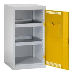 Armoire de sécurité à portes perforées, h x l x p 900 x 500 x 500 mm, 2 tablettes de rétention, gris clair / jaune sécurité