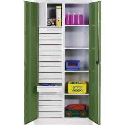 C+P Armoire d'atelier en tôle d'acier, 4 tablettes, 16 tiroirs, 1 compartiment de sécurité, h x l x p 1950 x 930 x 500 mm, porte vert réséda, corps gris clair