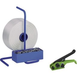 Kit de cerclage, feuillard en PETP tissé, tendeur, dérouleur de bobine portable, feuillard, boucles métalliques, largeur feuillard 13 mm