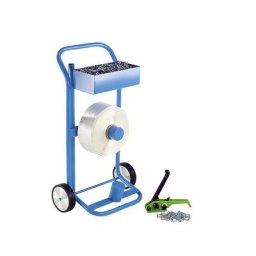 Kit de cerclage, feuillard en PETP collé, tendeur, dérouleur de bobine mobile, feuillard, boucles métalliques, largeur feuillard 19 mm