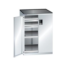 LISTA Armoire à tiroirs à portes battantes, hauteur 1020 mm, 2 tablettes, 2 tiroirs, charge max. 200 kg, gris clair