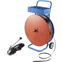 Kit de cerclage, feuillard en polypropylène, tendeur-sertisseur semi-automatique, dérouleur de bobine mobile, feuillard, largeur feuillard 16 mm