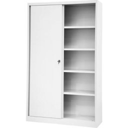 BISLEY Armoire à portes coulissantes ECO, 4 tablettes, 5 hauteurs de classeurs, blanc trafic