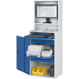 RAU Poste multi-usages, compartiment pour écran, 1 tablette coulissante, 2 tiroirs, largeur 650 mm, gris clair / bleu gentiane