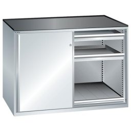 LISTA Armoire à portes coulissantes, charge max. par tablette coulissante 200 kg, 4 tiroirs, 2 tablettes coulissantes, gris clair