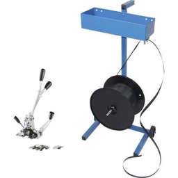 Kit de cerclage, feuillard en polypropylène, tendeur-sertisseur, dérouleur de bobine, feuillard, chapes, largeur feuillard 13 mm
