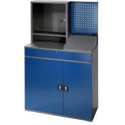 RAU Poste multi-usages, compartiment pour écran, 2 tablettes coulissantes, largeur 1100 mm, anthracite / bleu gentiane