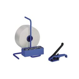 Kit de cerclage, feuillard en PETP collé, tendeur, dérouleur de bobine portable, feuillard, boucles métalliques, largeur feuillard 16 mm