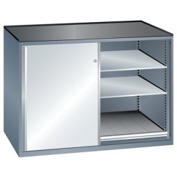 LISTA Armoire à portes coulissantes, charge max. par tablette coulissante 75 kg, 4 tablettes réglables, 2 tablettes coulissantes, gris métallisé / gris clair