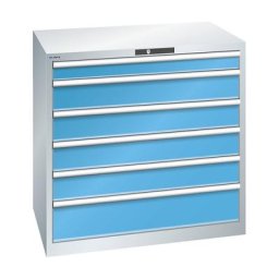 LISTA Armoire à tiroirs en tôle d'acier, h x l 1000 x 1023 mm, 6 tiroirs, charge max. 200 kg, gris clair / bleu clair