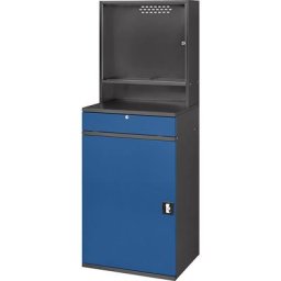 RAU Poste multi-usages, compartiment pour écran, 1 tablette coulissante, largeur 650 mm, anthracite / bleu gentiane