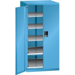 LISTA Armoire à tiroirs à portes battantes, hauteur 1450 mm, 5 tablettes, charge max. 75 kg, bleu clair