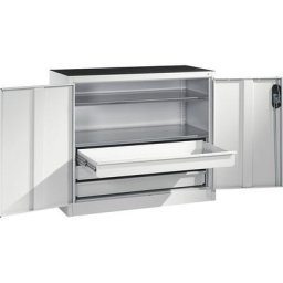 C+P Armoire d'atelier hauteur bureau avec portes battantes et tiroirs, h x l x p 1000 x 1200 x 500 mm, gris clair / gris clair