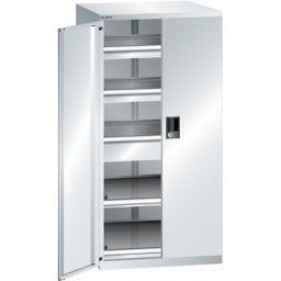 LISTA Armoire à tiroirs à portes battantes, hauteur 1450 mm, 2 tablettes, 3 tiroirs, charge max. 200 kg, gris clair